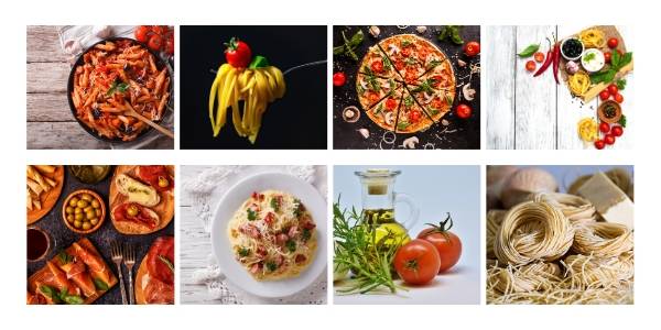 Italian food collage with pizza, pasta, tomatoes and olive oil