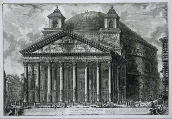 Black and white image of the exterior of the Pantheon in Rome with bell towers 